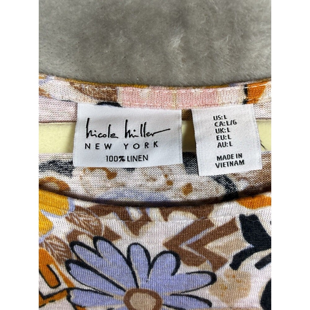 NICOLE MILLER 100% Linen Shirt Women’s L Orange Lavender Brown Boho Floral Retro - Picture 4 of 9